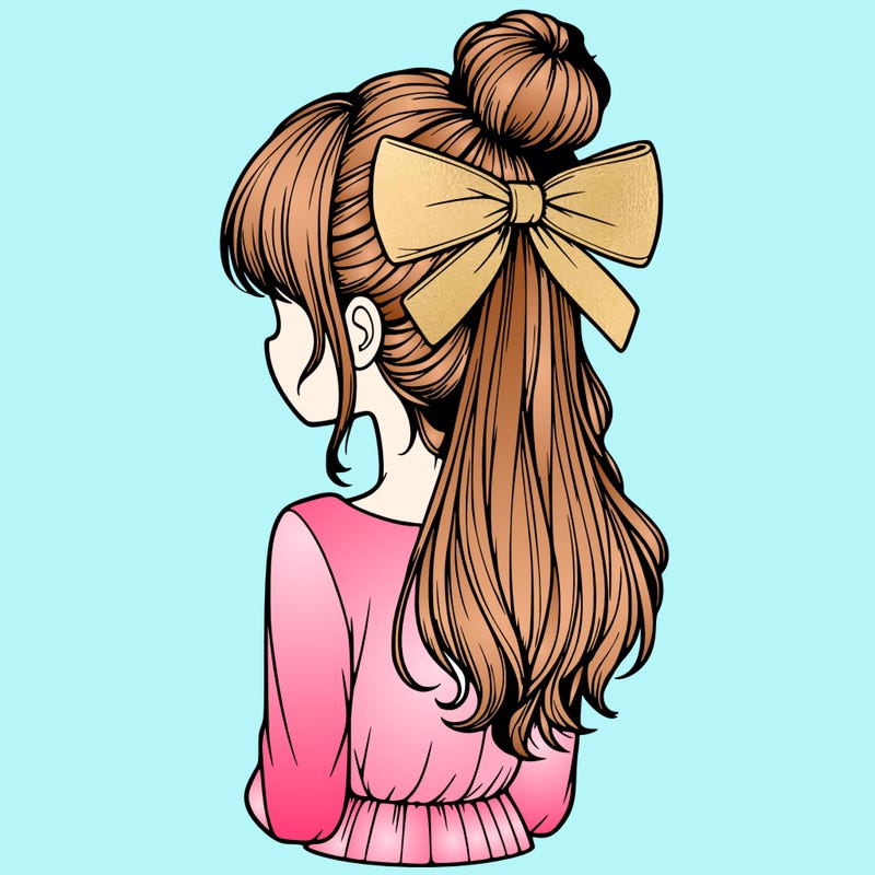realistic girl  with hip length hair a bun and a big bow on the back of head