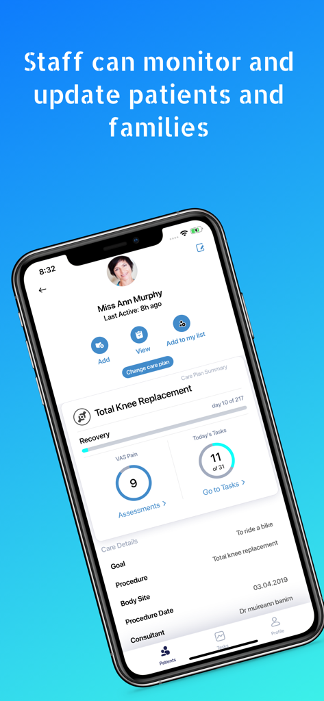 myPatientSpace mobile app interface displaying a patient's knee replacement recovery plan, daily tasks, and pain assessment levels.