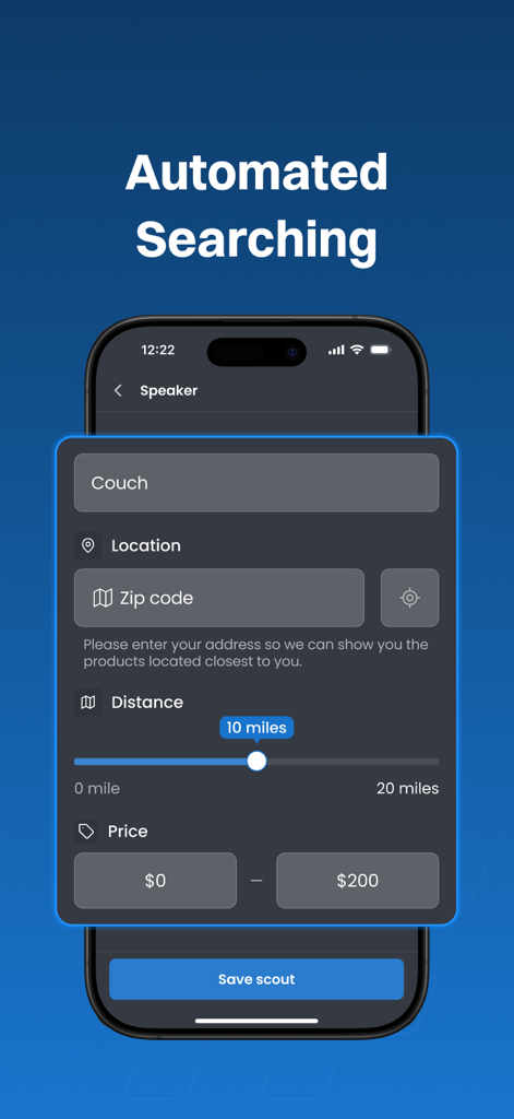 DealScout - Mobile phone showing DealScout app automated search setup with filters for location and price