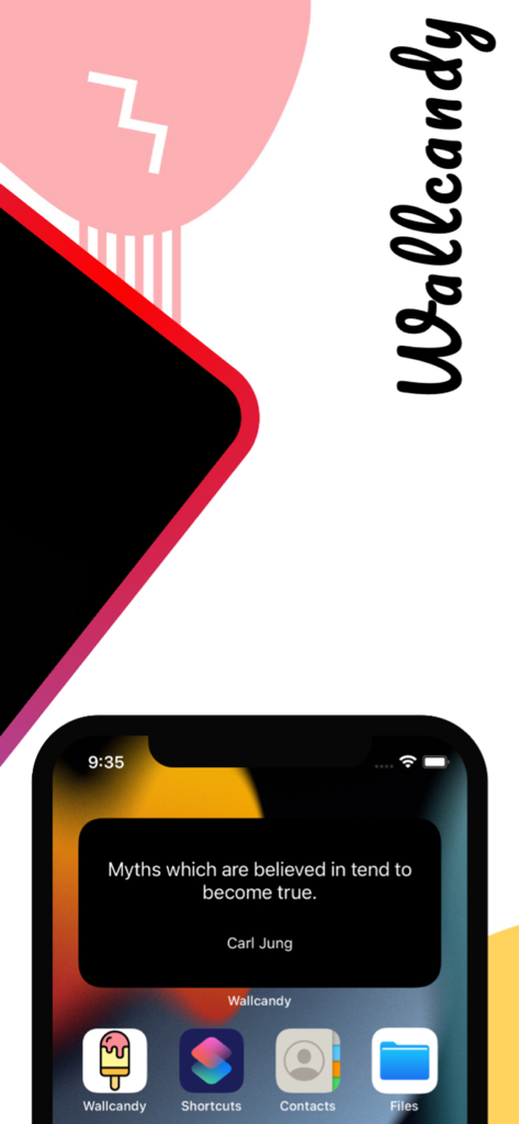 Wallcandy - Unique Wallpapers - Écran d'accueil de l'iPhone affichant un fond d'écran artistique et un widget de citation de l'application Wallcandy