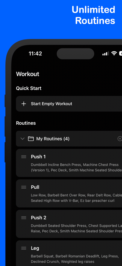 Fitlog Workout Tracker Gym Log - Pantalla de la aplicación Fitlog que muestra una lista de rutinas de entrenamiento personalizadas que incluyen Días de Empuje, Tirón y Pierna en una interfaz oscura