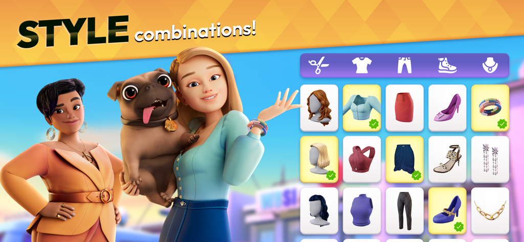 Makeover Match - Swap & Style - Duas personagens femininas e um pug ao lado de um menu de moda com várias opções de roupas e acessórios