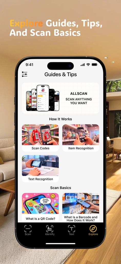 AllScan – QR & Barcode Reader - AllScan app screen showing guides tips and scanning basics for QR codes and item recognition