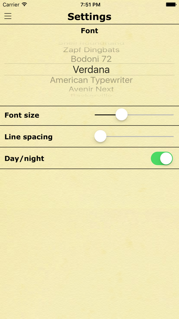 Chronological Bible in a Year - KJV Daily Reading - The settings screen of the Chronological Bible app showing options for font selection font size line spacing and day night mode toggle