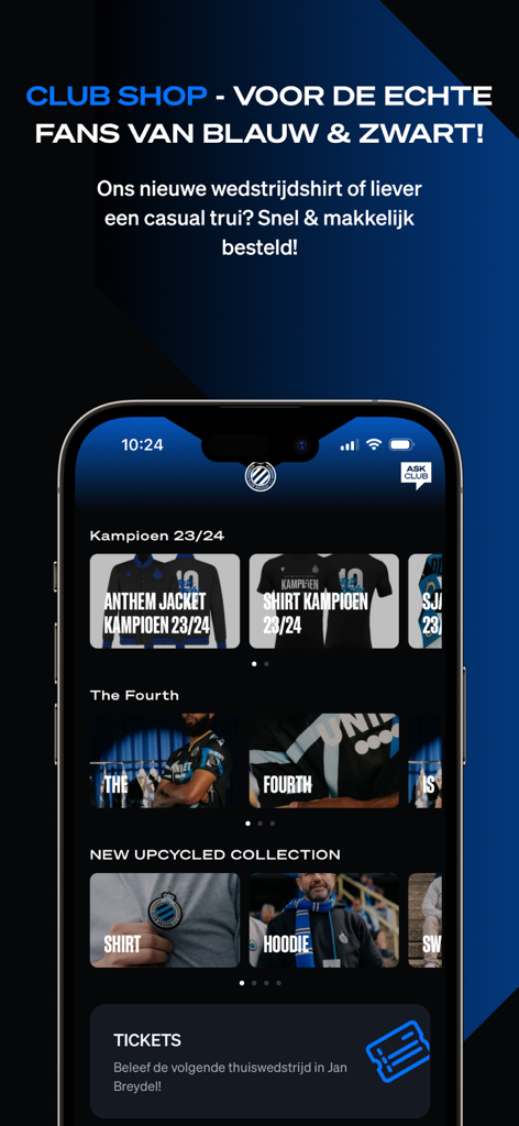 Club Brugge - Captura de tela do aplicativo do Club Brugge mostrando a loja oficial do clube com mercadorias e ingressos