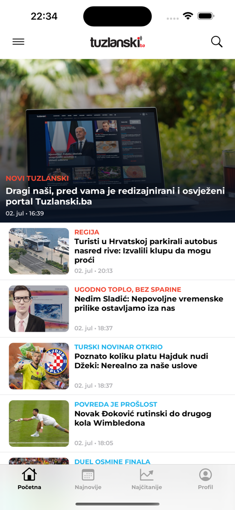 Mobile app interface of Tuzlanski.ba news portal showing regional and sports headlines.
