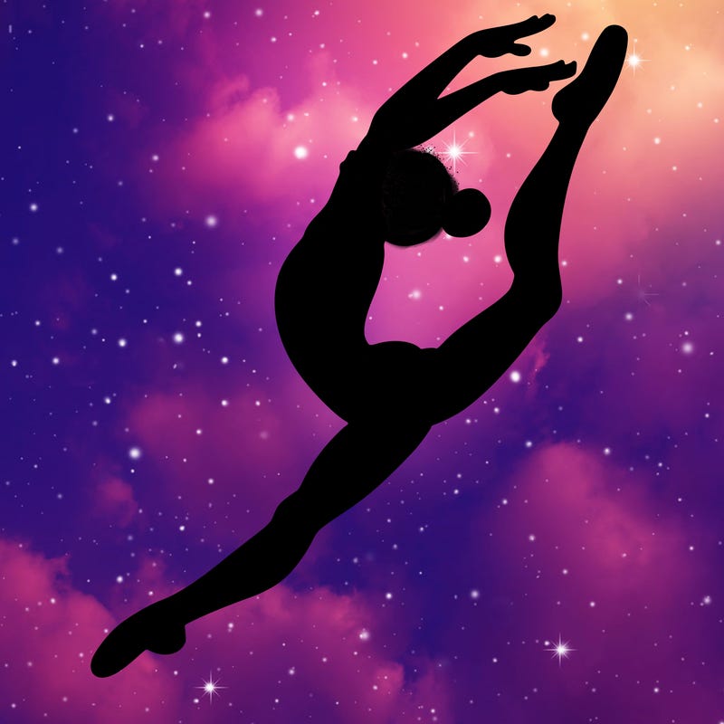 gymnast doing a leap in a leotard with a bent back leg