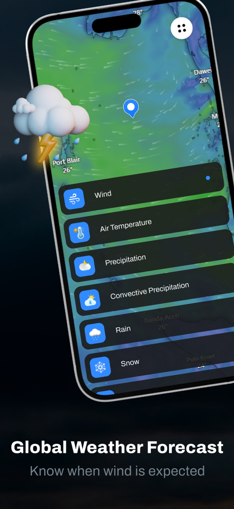 Zoom Earth Live Weather Map - Zoom Earthアプリで風レイヤーと降水オプションを表示するグローバル気象予報マップ