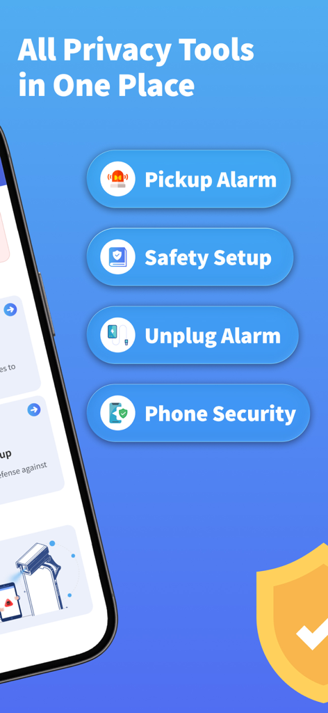 Interfaz de la aplicación Prosec mostrando herramientas de privacidad que incluyen configuración de seguridad de alarma de recogida, alarma de desconexión y seguridad del teléfono