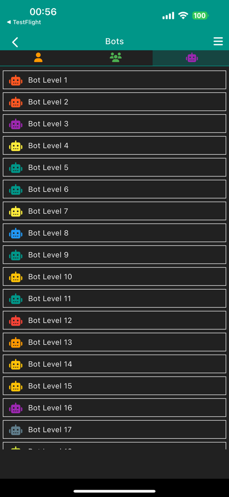 Darts Scoreboard App - Schermata di selezione dei livelli di difficoltà del bot AI nell'App Segnapunti Freccette.