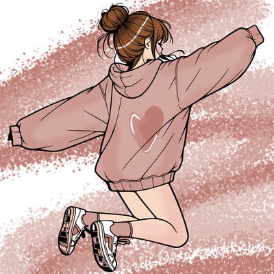 realistic girl jumping with a bun and oversized sweatshirt