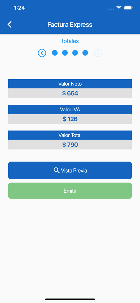 Facturacion.cl - Pantalla de Factura Express mostrando el valor neto, el IVA y el monto total con botones de vista previa y emisión.