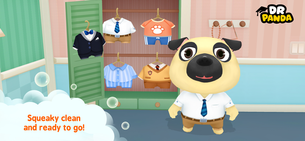 A cute pug character in a shirt and tie standing in front of a closet with different outfits