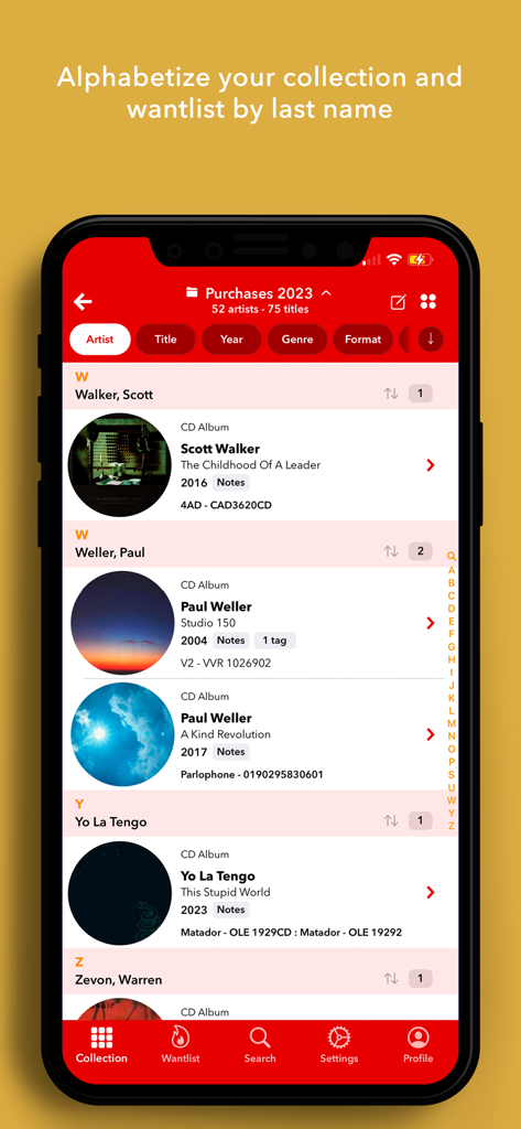 Discographic for Discogs - Screenshot dell'iPhone dell'app Discographic per Discogs che mostra una collezione musicale in ordine alfabetico per cognome dell'artista.