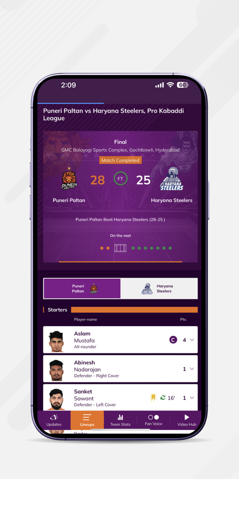 Pro Kabaddi Official App - Match summary and player lineups on the Pro Kabaddi Official App.