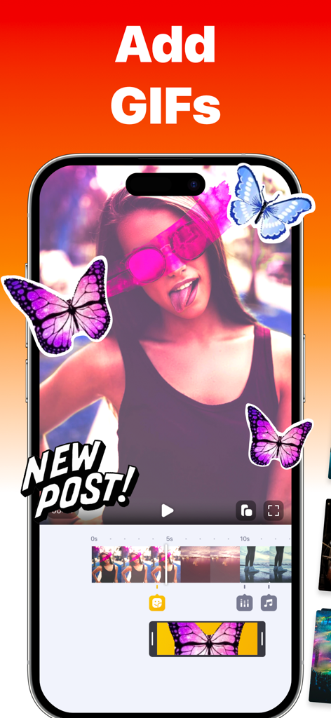 Clips - Video Editor - A screen from the Clips app showing a video being edited with butterfly stickers and animated GIFs