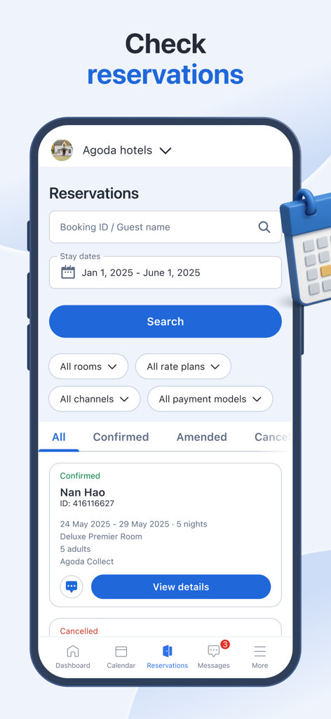 Agoda YCS for hotels only - Écran mobile de l'application Agoda YCS pour hôtels affichant les filtres de recherche de réservation et les détails de la réservation client.