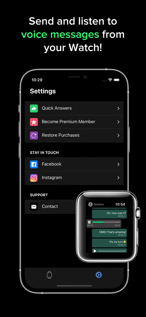 iPhone app settings screen and Apple Watch displaying a voice message chat interface