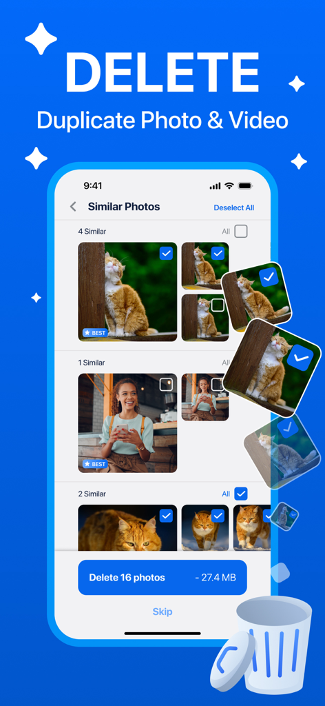 AI Photo Cleaner app screen showing how to delete similar and duplicate photos.