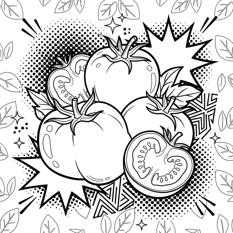 Get ready to color a lively bushel of tomatoes in an exciting Pop Art style, designed specifically for seniors. This accessible coloring page features bold outlines and dynamic patterns, promising a fun and relaxing creative experience.