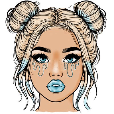 realistic girl with two buns on her hair and lips