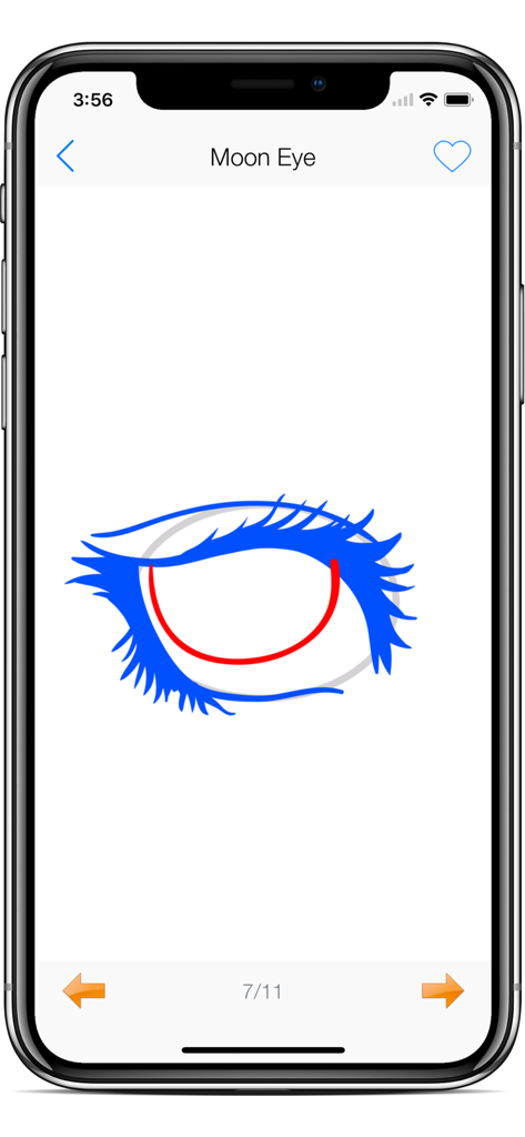 Draw Anime Eyes - Cutest Eyes - A step by step tutorial on a mobile phone showing how to draw a moon style anime eye with blue lashes and a red iris outline