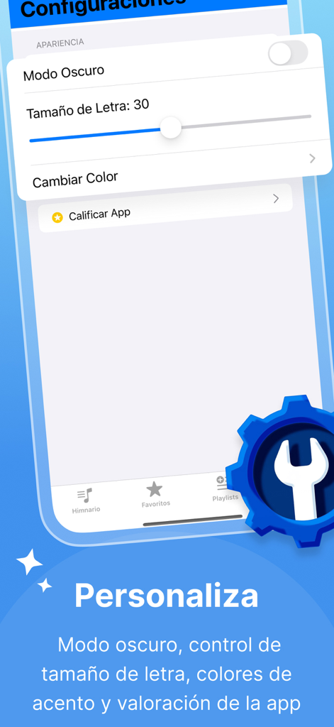 Himnario Nuevo Y Antiguo - Settings page of the Himnario Nuevo Y Antiguo app for dark mode and text size