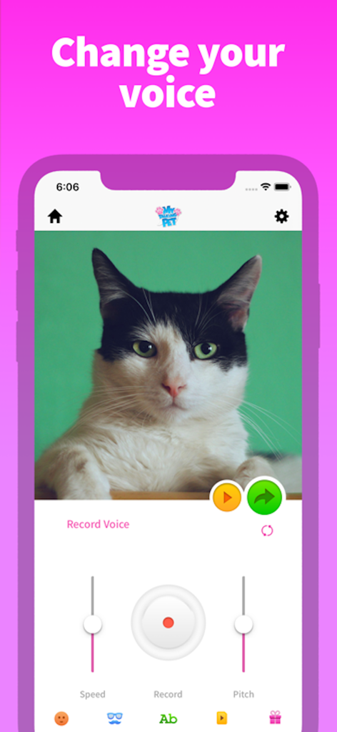 Écran de l'application Mon Animal Parlant montrant les commandes d'enregistrement vocal pour la vitesse et la hauteur avec une photo de chat en noir et blanc