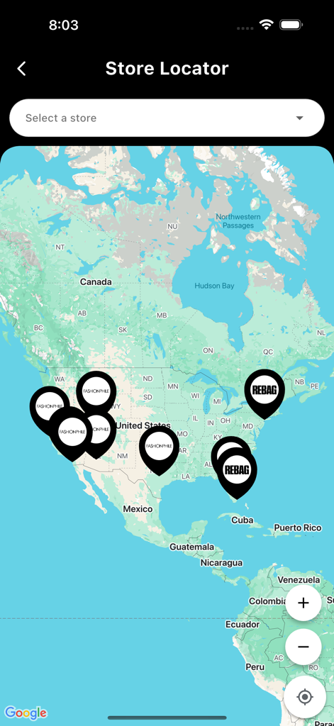 BagCheck app store locator screen showing a map of the United States with pins for luxury resale locations like Fashionphile and Rebag