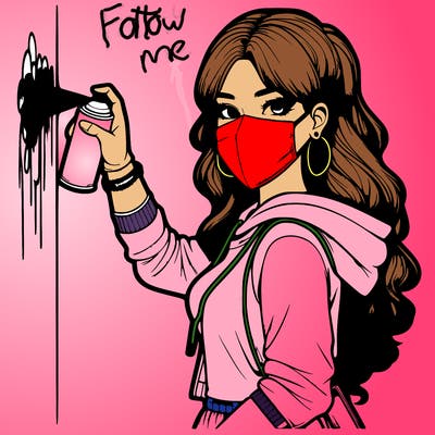 realistic girl with mask spray painting a wall