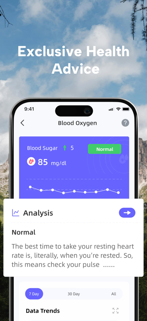 AI Health Pulse - Heart Rate - Interface do aplicativo AI Health Pulse mostrando rastreamento de açúcar no sangue e análise de conselhos de saúde exclusivos.