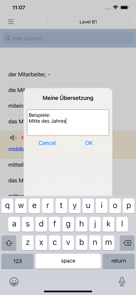 Wortschatz Deutsch A1 A2 B1 - Adding custom notes and translations to German vocabulary words in the Wortschatz Deutsch app interface