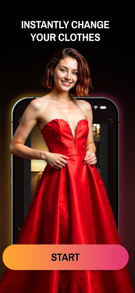 Look Swap Me app interface showing a woman in a red gown with a start button