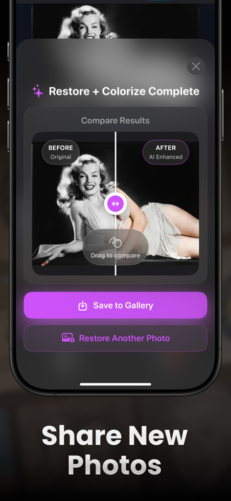 AI Photo Fix Restore: Restorix - Screenshot of Restorix app showing a black and white photo restored and colorized with AI comparison