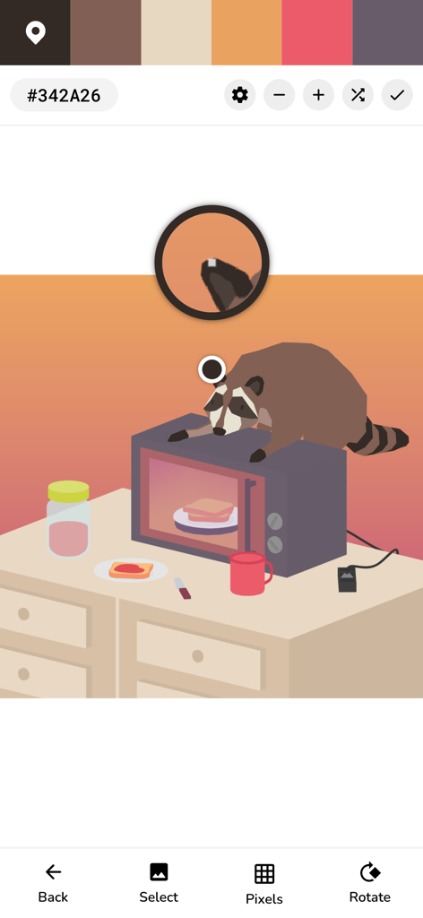 Interface of the Pigments app showing the image color picker tool extracting a color palette from a digital illustration