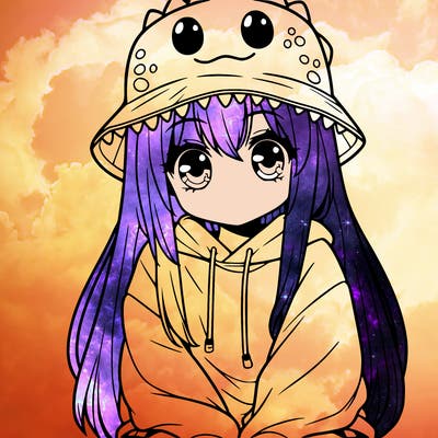 girl with anime shaped eyes with a dinosaur bucket hat oversized sweatshirt long straight hair