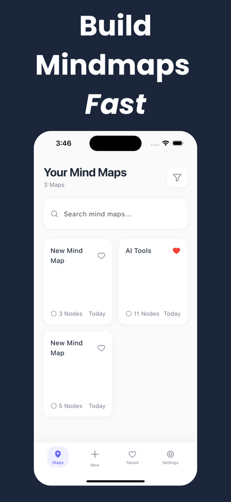 Mind Map: AI Powered - Panel principal de la aplicación Mapa Mental Potenciado por IA que muestra una lista de proyectos de mapas mentales y herramientas de IA.