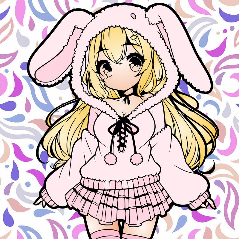 pretty anime girl wearing a fluffy hoodie with bunny ears on the hood and a skirt