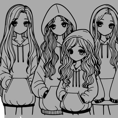 4 girls, one with long straight hair, one with long wavy hair, one with short curly hair, one with short straight hair, all wearing oversized hoodies