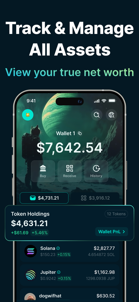Screenshot of Jupiter Mobile app showing crypto asset tracking and portfolio net worth