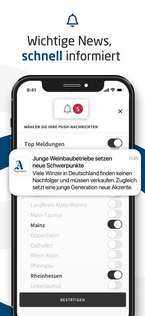 Smartphone displaying push notification settings in the AZ News-App with a local news alert about German wineries
