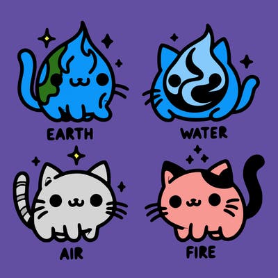 4 cats that represent the different elements, earth, water, air, and fire