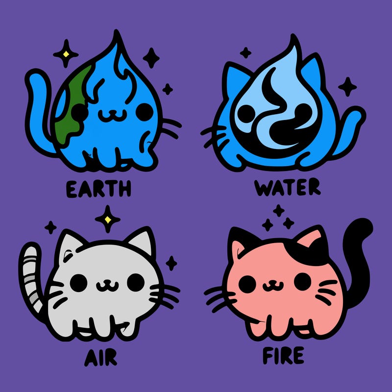 4 cats that represent the different elements, earth, water, air, and fire