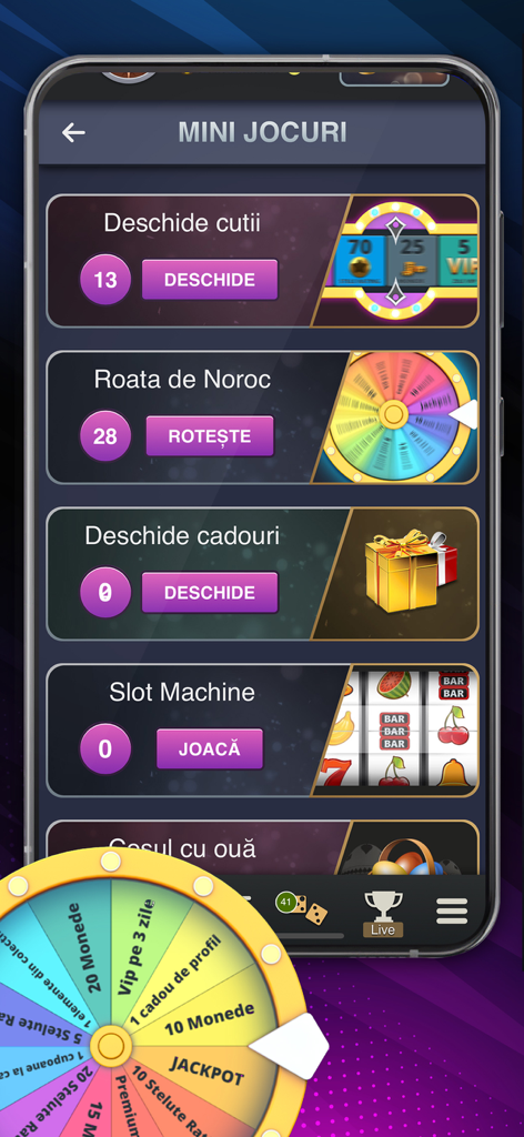 Belot.md Mini-Spiele-Menü mit Optionen für Glücksrad und Spielautomaten