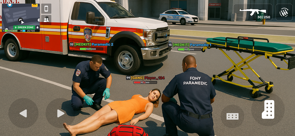 Paramedics assisting an injured person next to an ambulance in Flex City RP