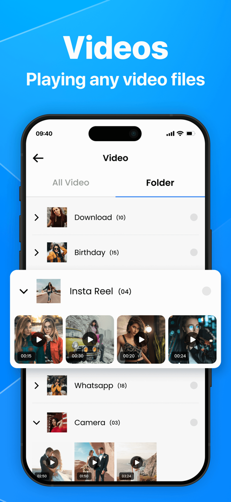 File Manager - File Organizer - Screenshot dell'app File Manager che mostra cartelle video organizzate e l'interfaccia del lettore video integrato