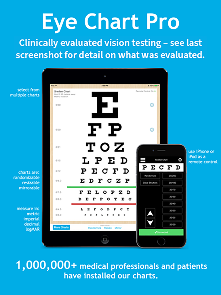 Eye Chart Pro - Eye Chart Pro app displaying a Snellen eye chart on an iPad and a remote control interface on an iPhone