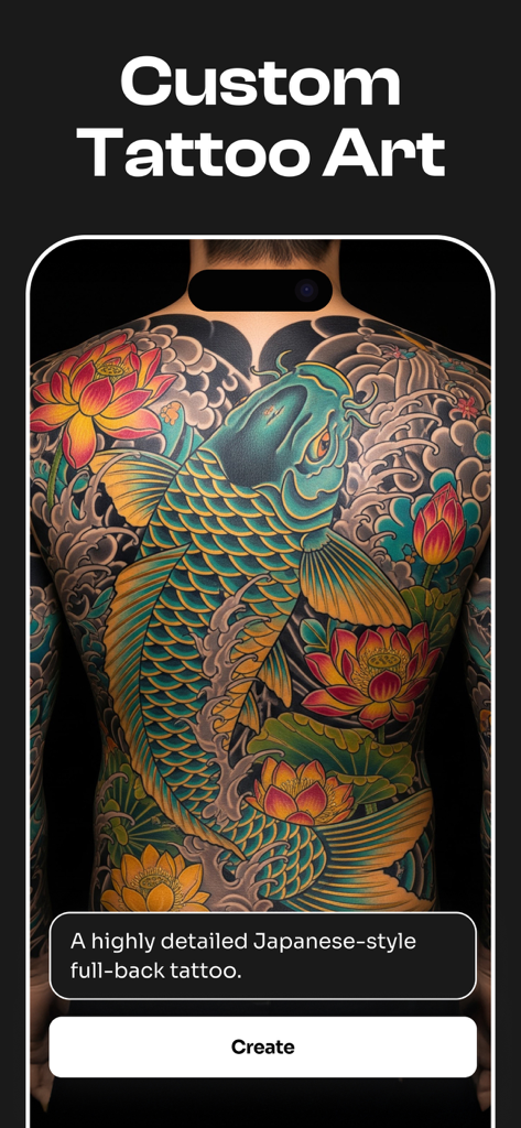 Design de tatuagem nas costas estilo japonês de carpa gerado por IA no aplicativo Tattooist.