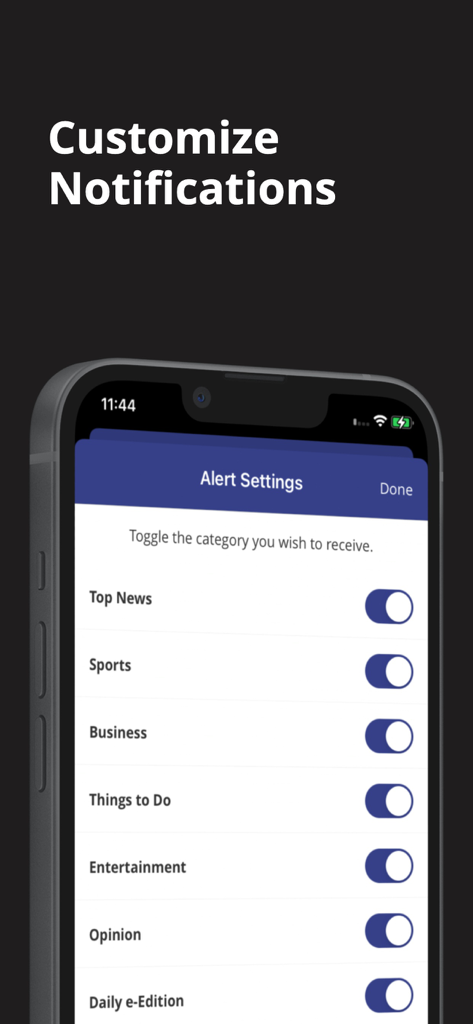 Eureka Times Standard - Ein Smartphone-Bildschirm, der die benutzerdefinierten Benachrichtigungseinstellungen für die Eureka Times Standard-App mit Schaltern für verschiedene Nachrichtenkategorien anzeigt.