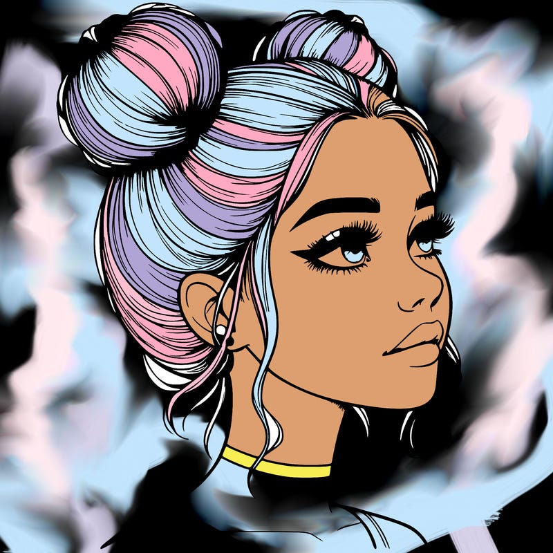 realistic girl with buns on the top of her head